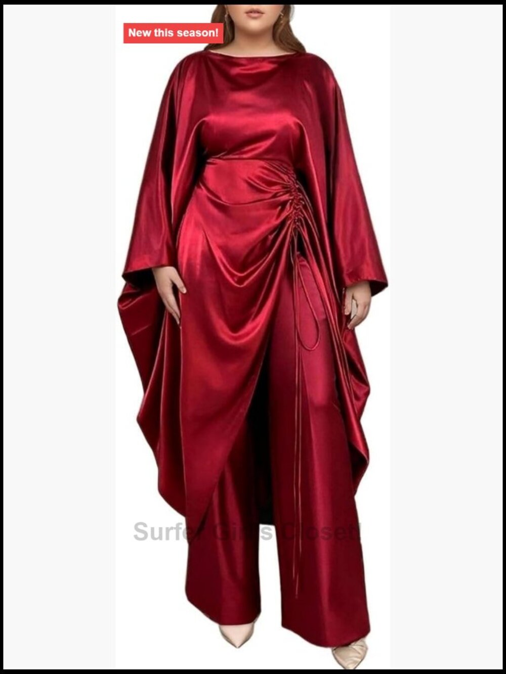 Satin Two Piece Pants Set Batwing Sleeves Split Shirring Top Long Pants Suit